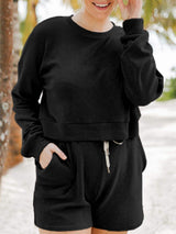 Ribbed Round Neck Long Sleeve Top and Shorts Set - Trendsi - Flyclothing LLC