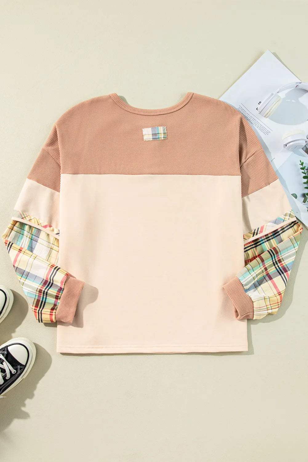 Plus Size Waffle-Knit Detail Plaid Round Neck Top - Trendsi - Flyclothing LLC
