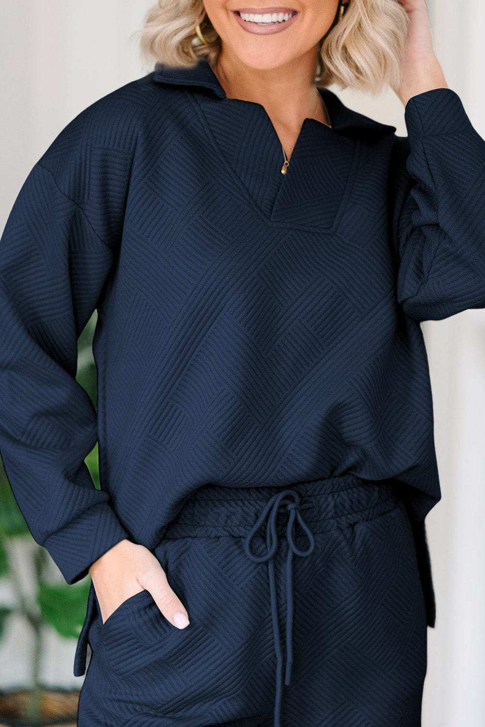 Textured Collared Neck Top and Wide Leg Pants Set - Trendsi - Flyclothing LLC