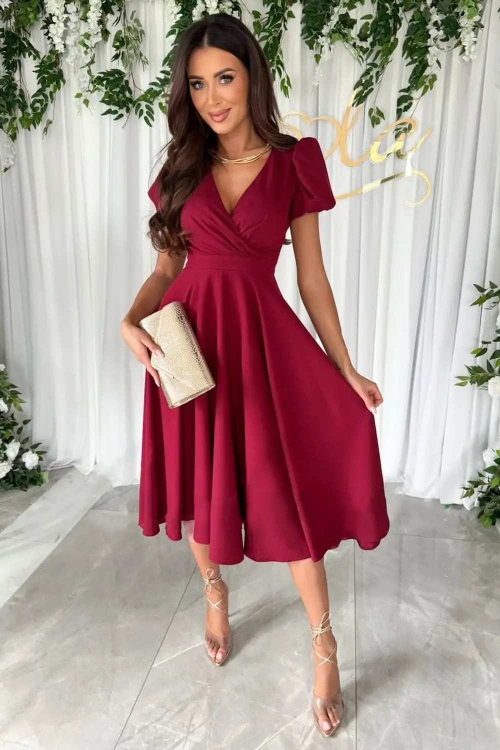 Surplice Puff Sleeve Midi Dress - Trendsi - Flyclothing LLC