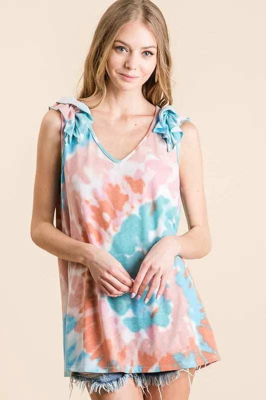 BiBi Circular Tie Dye Knit V Neck Top With Ruffle - Trendsi - Flyclothing LLC