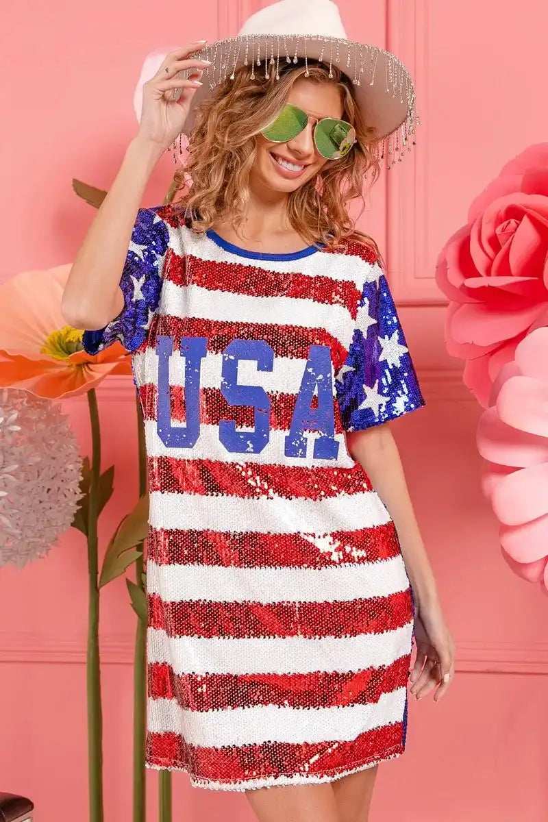 BiBi American Flag Theme Usa Print Sequin Dress - Trendsi - Flyclothing LLC