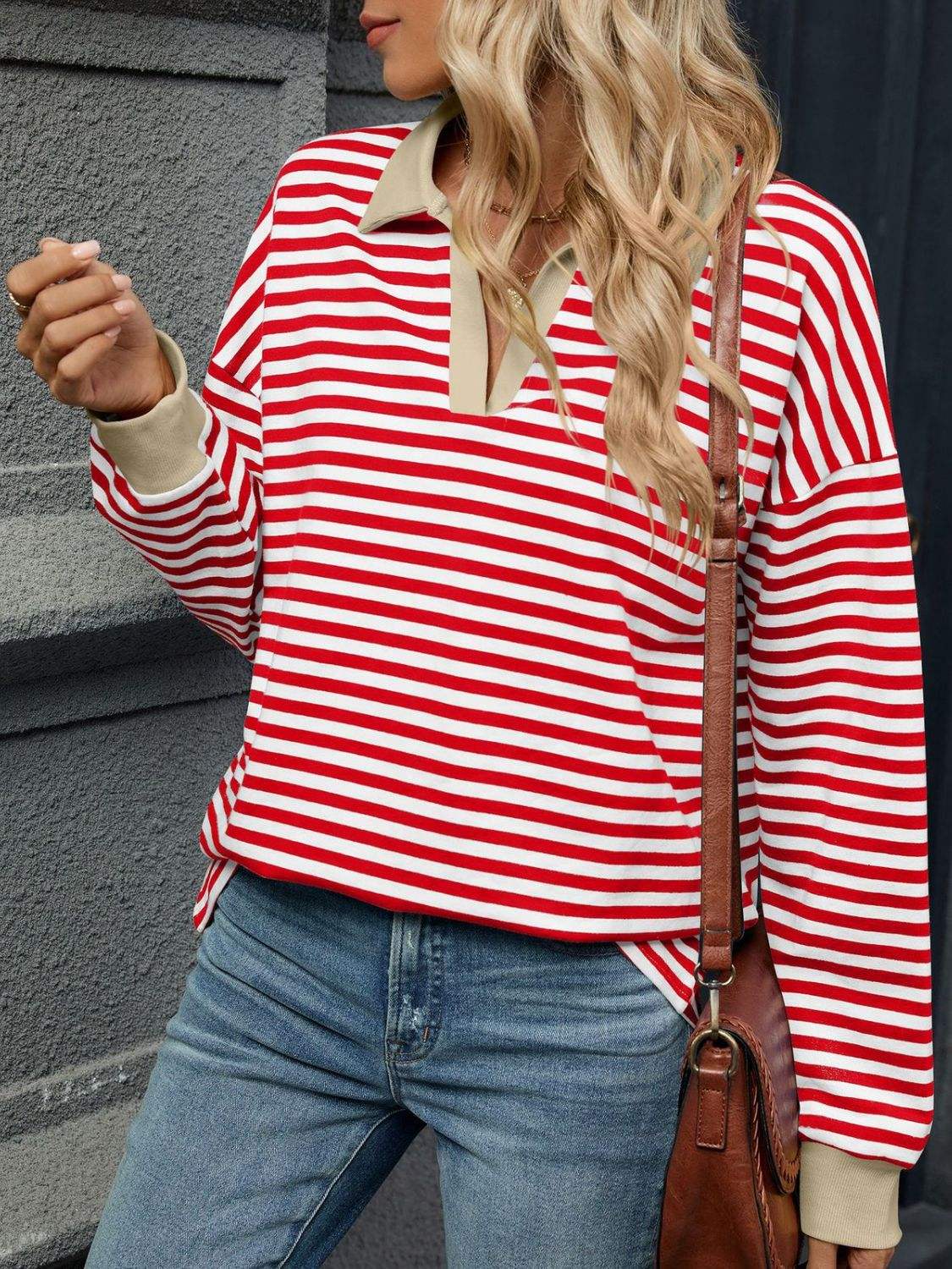 Striped Johnny Collar Long Sleeve Sweatshirt - Trendsi - Flyclothing LLC