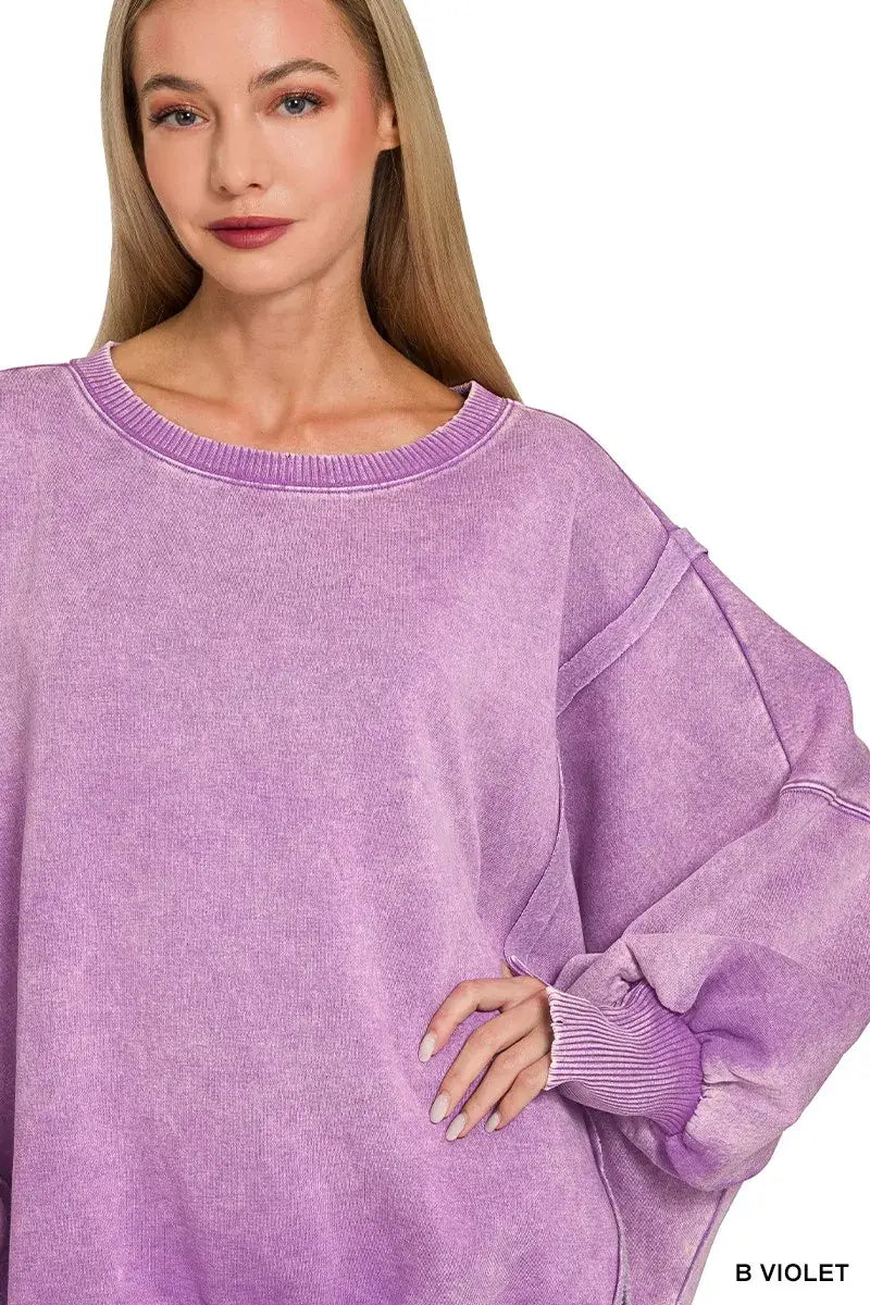 Zenana Acid Washed Batwing Sleeve Fleece Sweatshirt - Trendsi - Flyclothing LLC