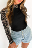 Mock Neck Long Sleeve Lace Patchwork T-Shirt - Trendsi - Flyclothing LLC