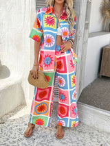 Devine Printed Collared Neck Half Sleeve Top and Pants Set - Trendsi - Flyclothing LLC