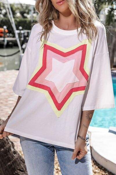 Color Block Star Patched Oversized T-Shirt - Trendsi - Flyclothing LLC