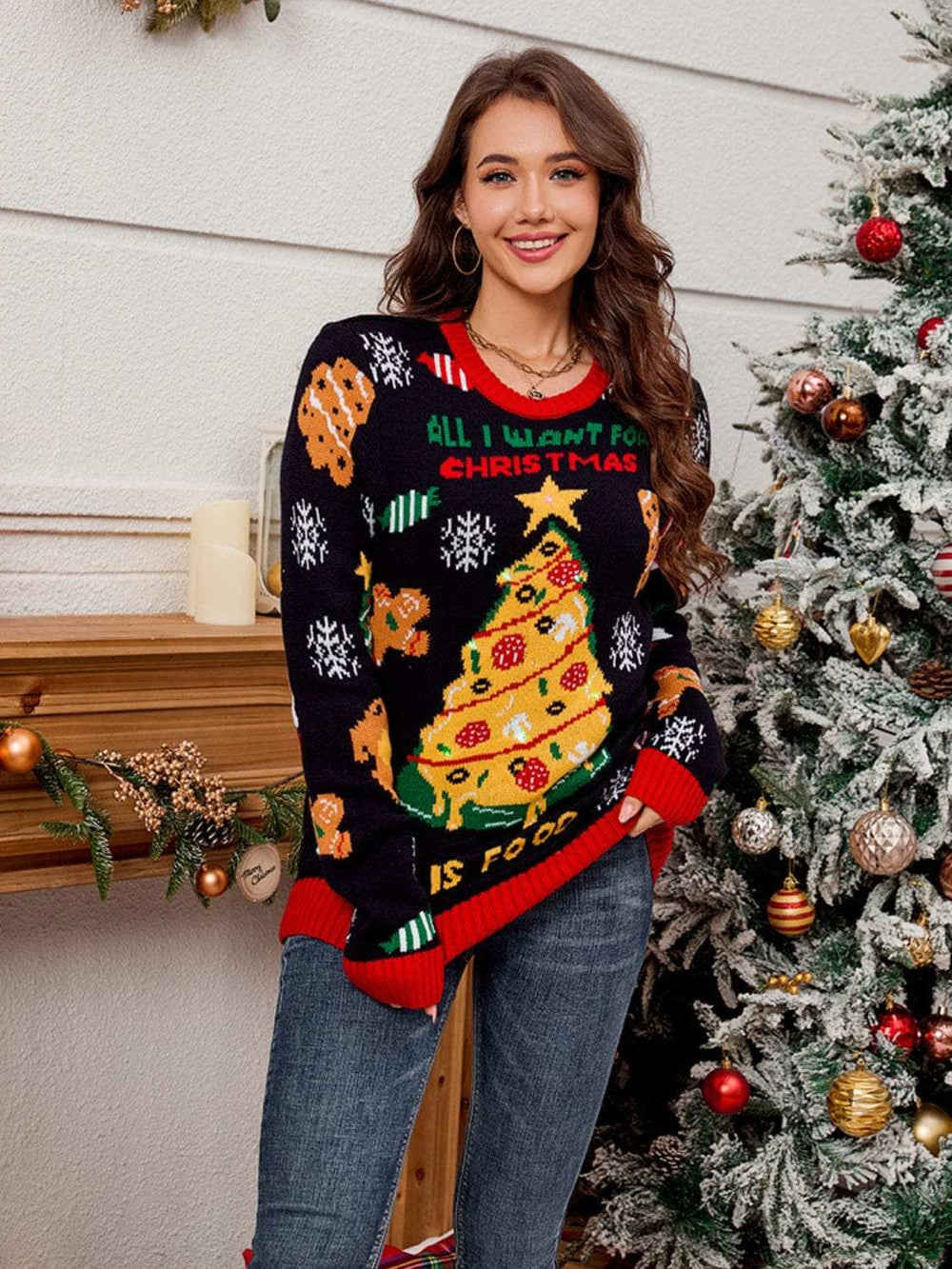 Christmas Element Round Neck Long Sleeve Sweater - Trendsi - Flyclothing LLC
