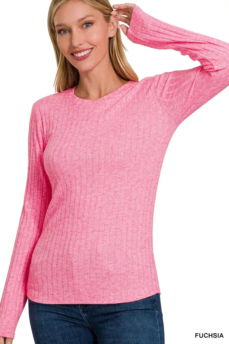 Zenana Ribbed Long Sleeve Round Neck T-Shirt - Trendsi - Flyclothing LLC