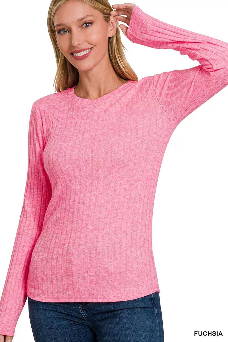Zenana Ribbed Long Sleeve Round Neck T-Shirt - Trendsi - Flyclothing LLC