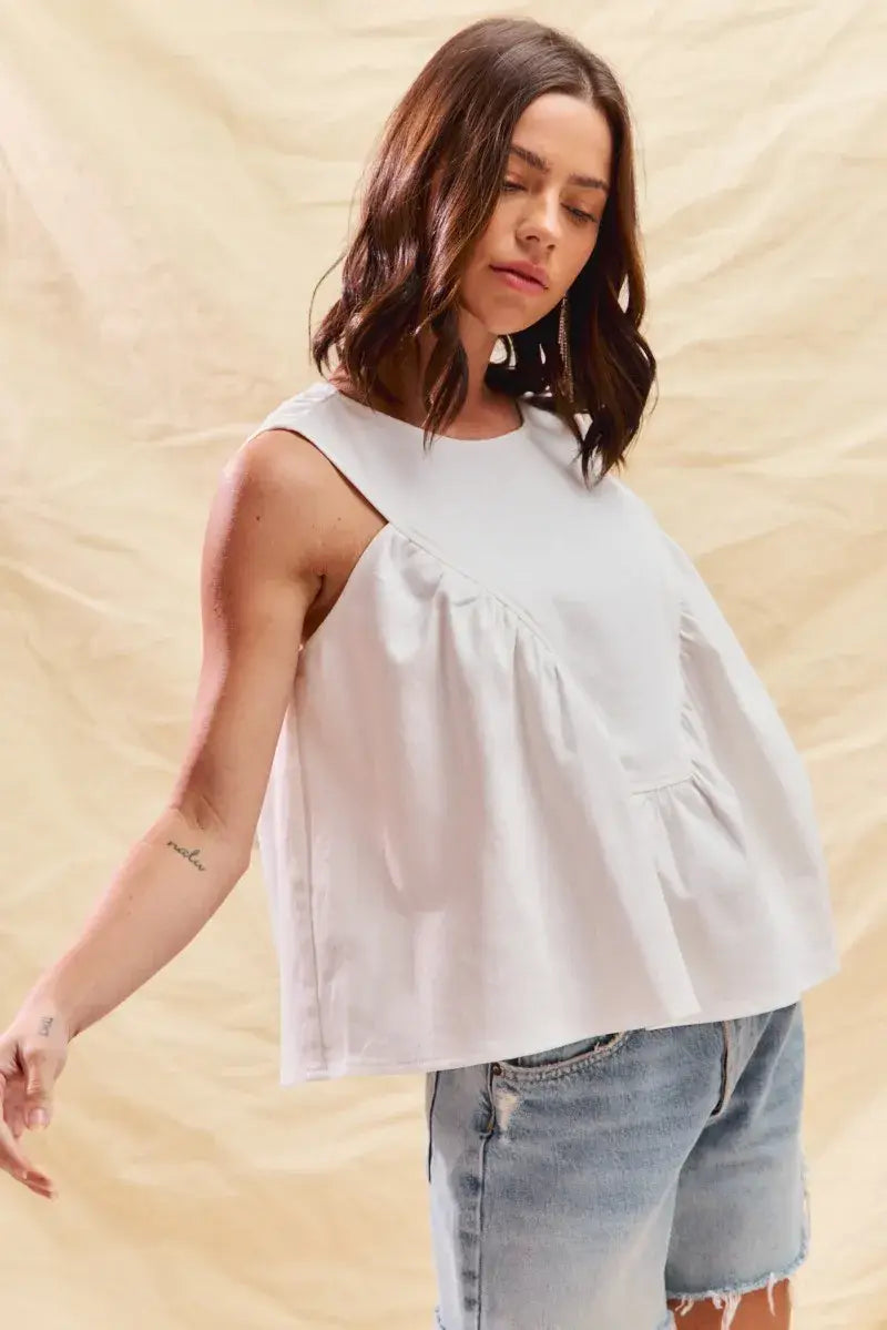 SO ME Game Day Color Denim Ruched Sleeveless Top - Trendsi - Flyclothing LLC