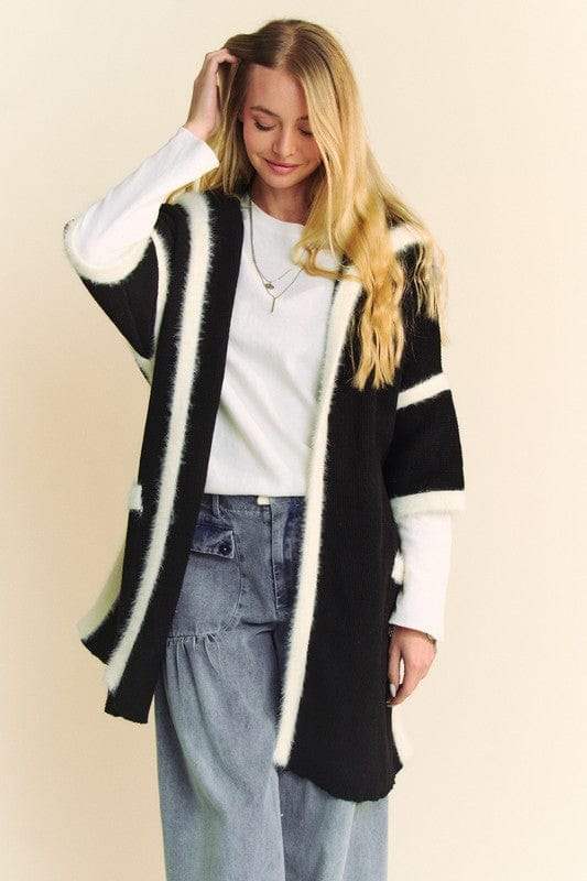 Davi & Dani Fuzzy Trim Open Front Loose Fit Cardigan - Trendsi - Flyclothing LLC