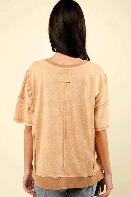 VERY J Round Neck Exposed Seam Slit T-Shirt - Trendsi - Flyclothing LLC