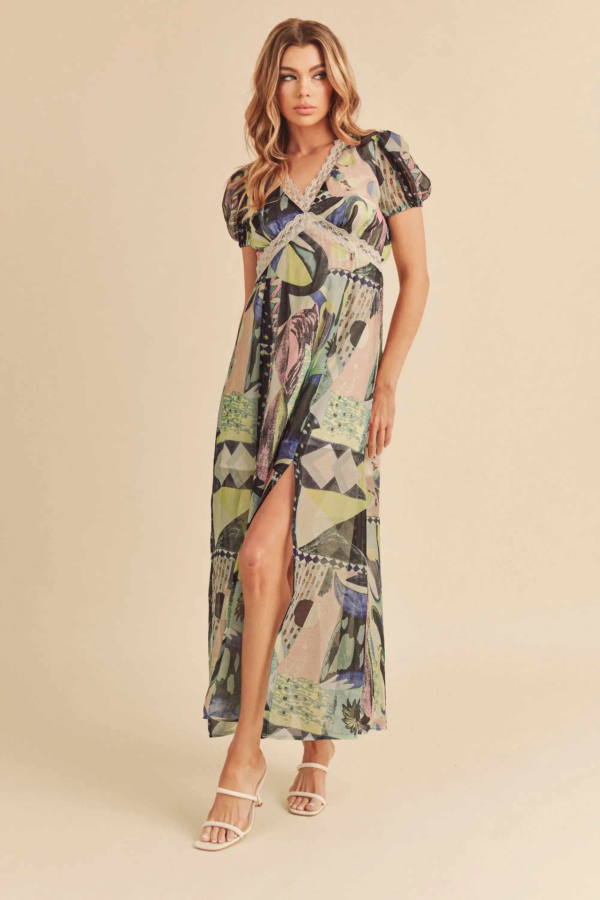 Aemi + Co Lace Detail Slit Geometric Print Short Sleeve Maxi Dress - Trendsi - Flyclothing LLC