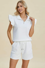 Double Take Full Size Texture Flounce Sleeve Top and Shorts Set - Trendsi - Flyclothing LLC