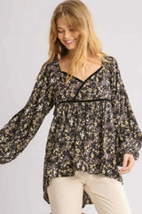 Umgee Full Size Floral Print Velvet Trimmed Balloon Sleeve Top Plus Size - Trendsi - Flyclothing LLC