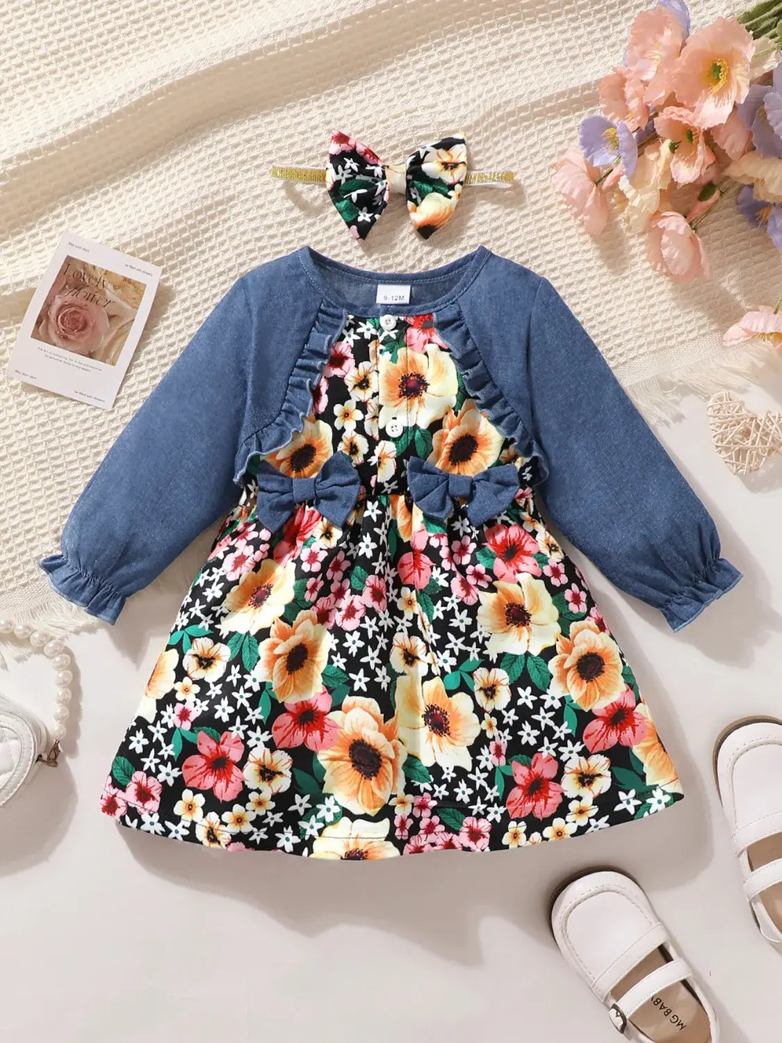 Children's Ruffled Bow Contrast Floral Dress with Headband - Trendsi - Flyclothing LLC