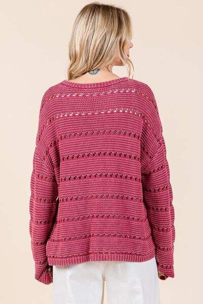 Mittoshop Openwork Round Neck Drop Shoulder Sweater - Trendsi - Flyclothing LLC