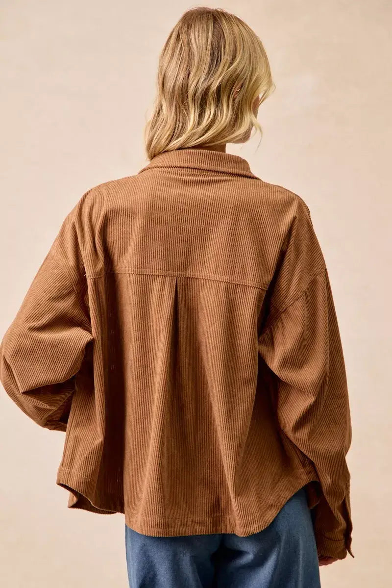 BiBi Corduroy Relaxed Fit Shacket with Back Pleat - Trendsi - Flyclothing LLC