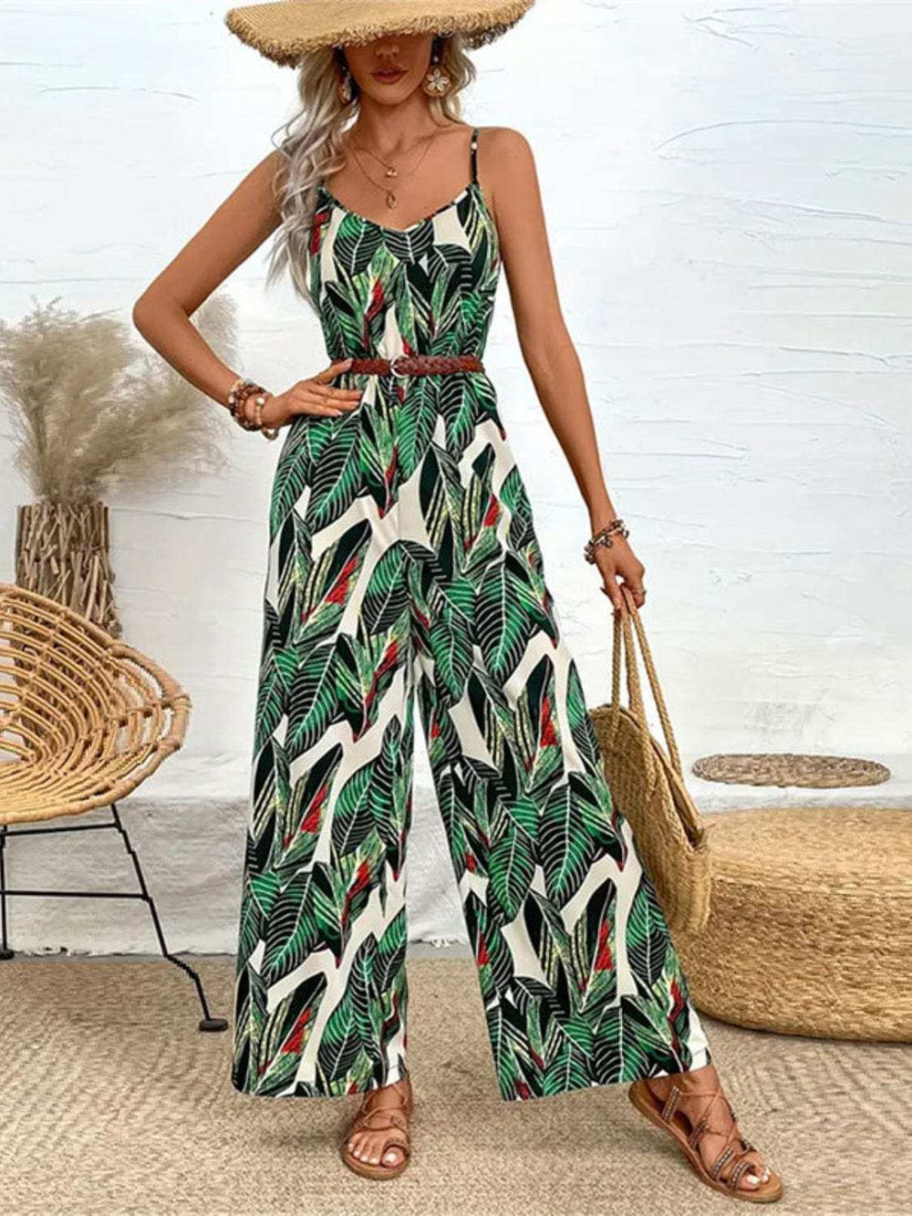 Tropical Print Spaghetti Strap Wide Leg Jumpsuit - Trendsi - Flyclothing LLC