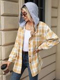Drawstring Plaid Button Up Hooded Jacket - Trendsi - Flyclothing LLC