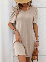 Textured Round Neck Short Sleeve Mini Dress - Trendsi - Flyclothing LLC