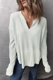 Waffle-Knit Exposed Seam Notched Long Sleeve Top - Trendsi - Flyclothing LLC
