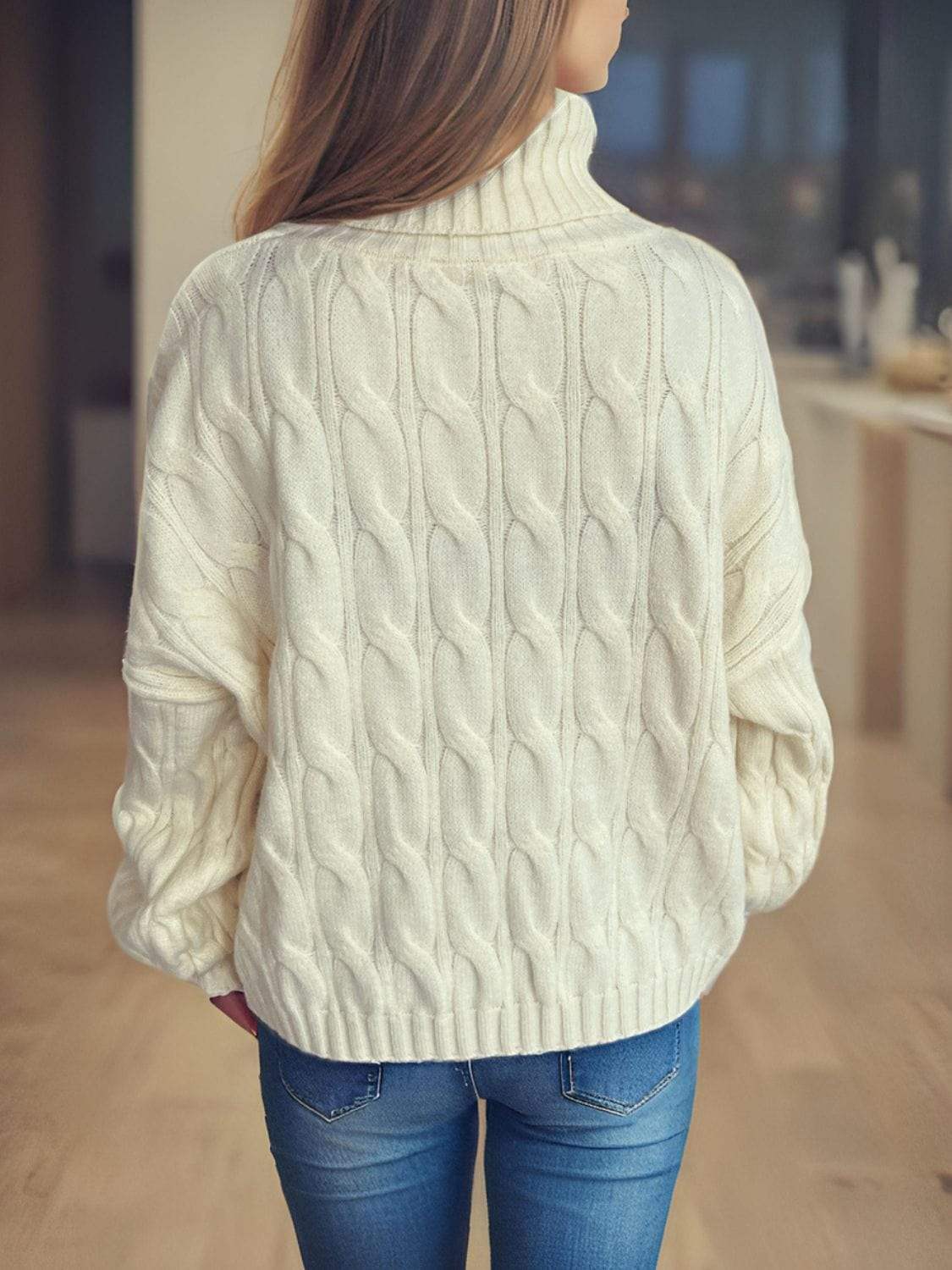 Cable-Knit Turtleneck Long Sleeve Sweater - Trendsi - Flyclothing LLC