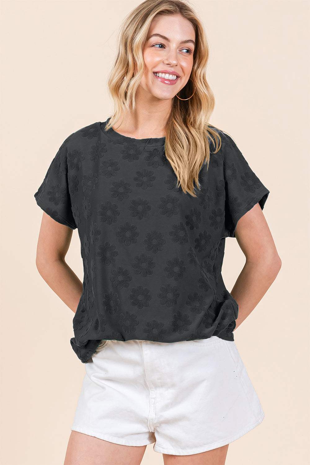 BOMBOM Textured Floral Pattern Short Sleeve T-Shirt - Trendsi - Flyclothing LLC