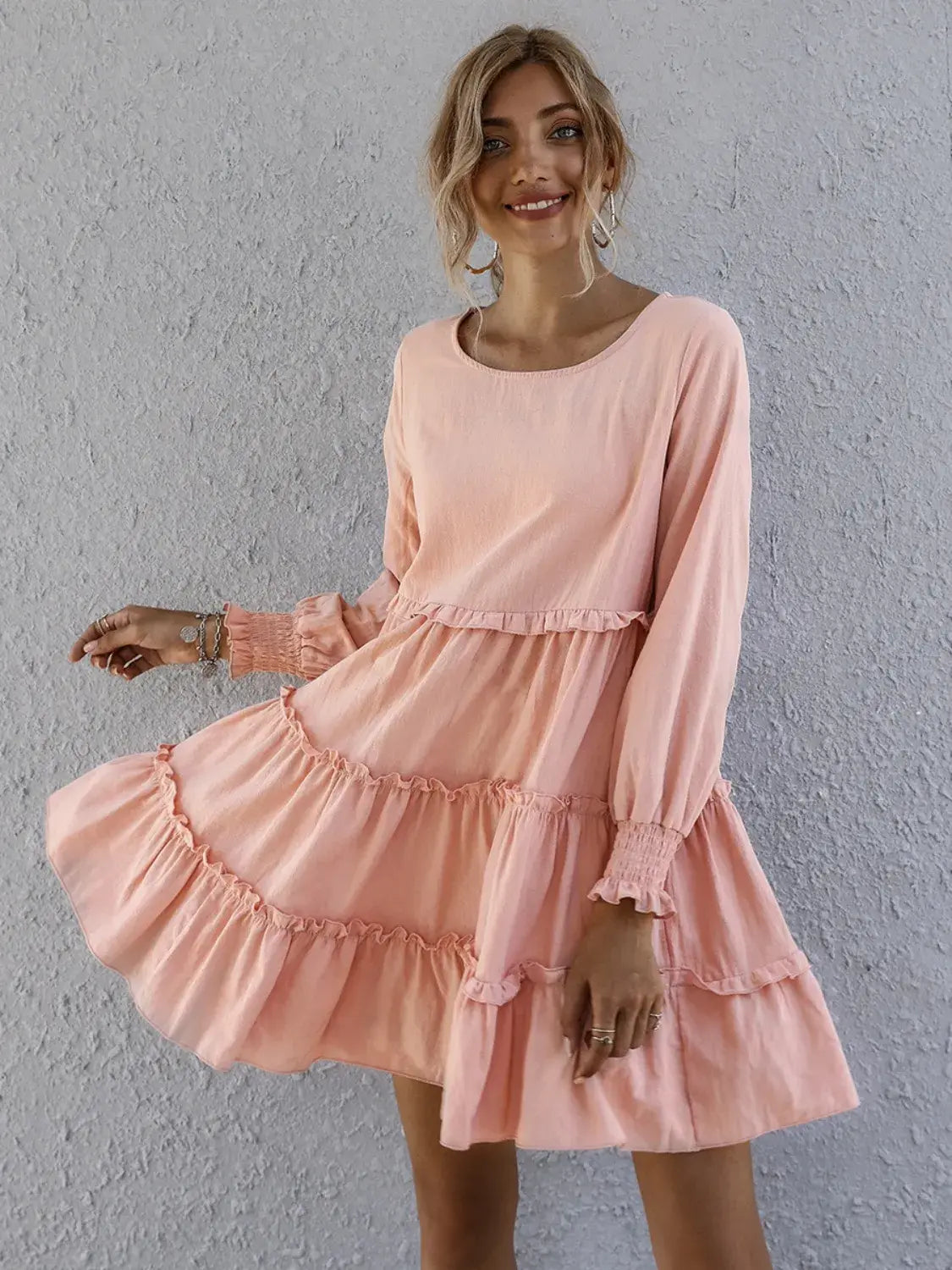 Frill Tiered Long Sleeve Mini Dress - Trendsi - Flyclothing LLC