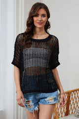 Openwork Round Neck Half Sleeve Knit Cover Up - Trendsi - Flyclothing LLC