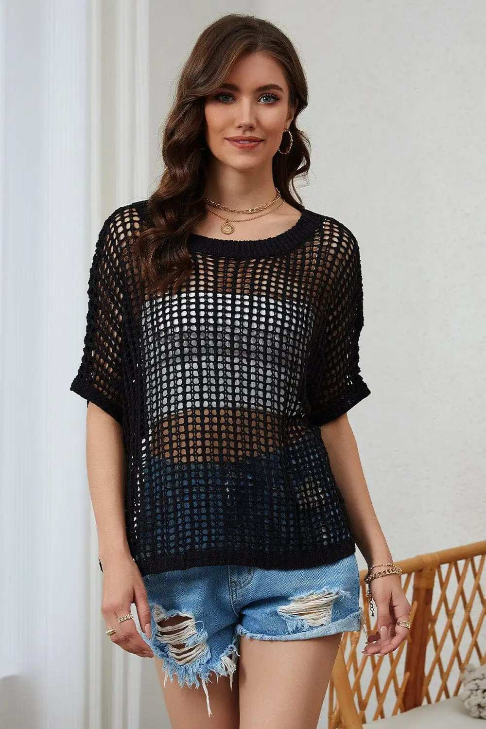 Openwork Round Neck Half Sleeve Knit Cover Up - Trendsi - Flyclothing LLC