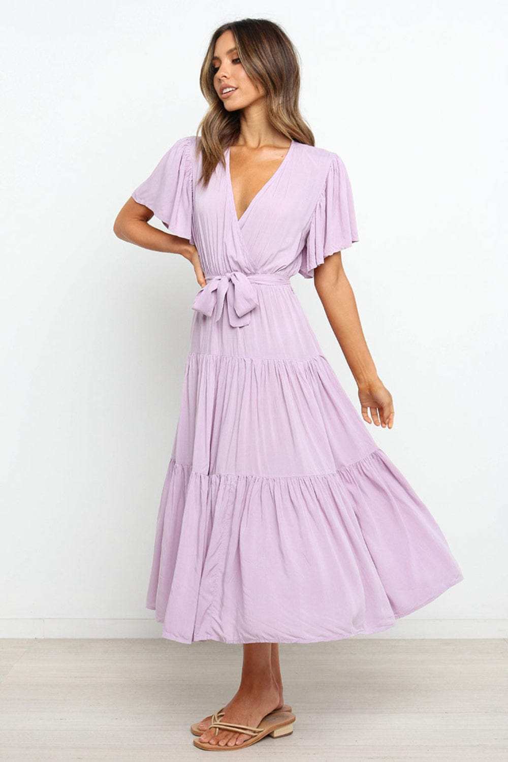 Tied Back Tiered Short Sleeve Midi Dress - Trendsi - Flyclothing LLC