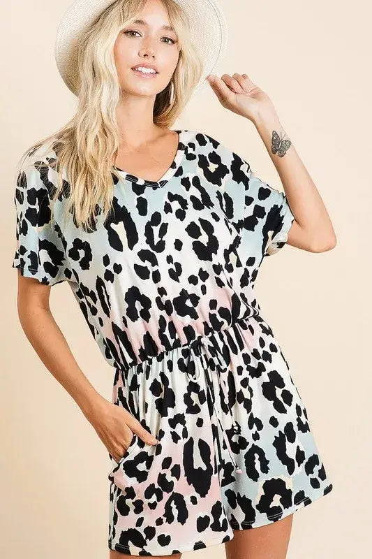 BiBi Gradation Leopard Soft Knit V-neck Romper - Trendsi - Flyclothing LLC