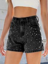 Rhinestone Washed High Waist Denim Shorts - Trendsi - Flyclothing LLC