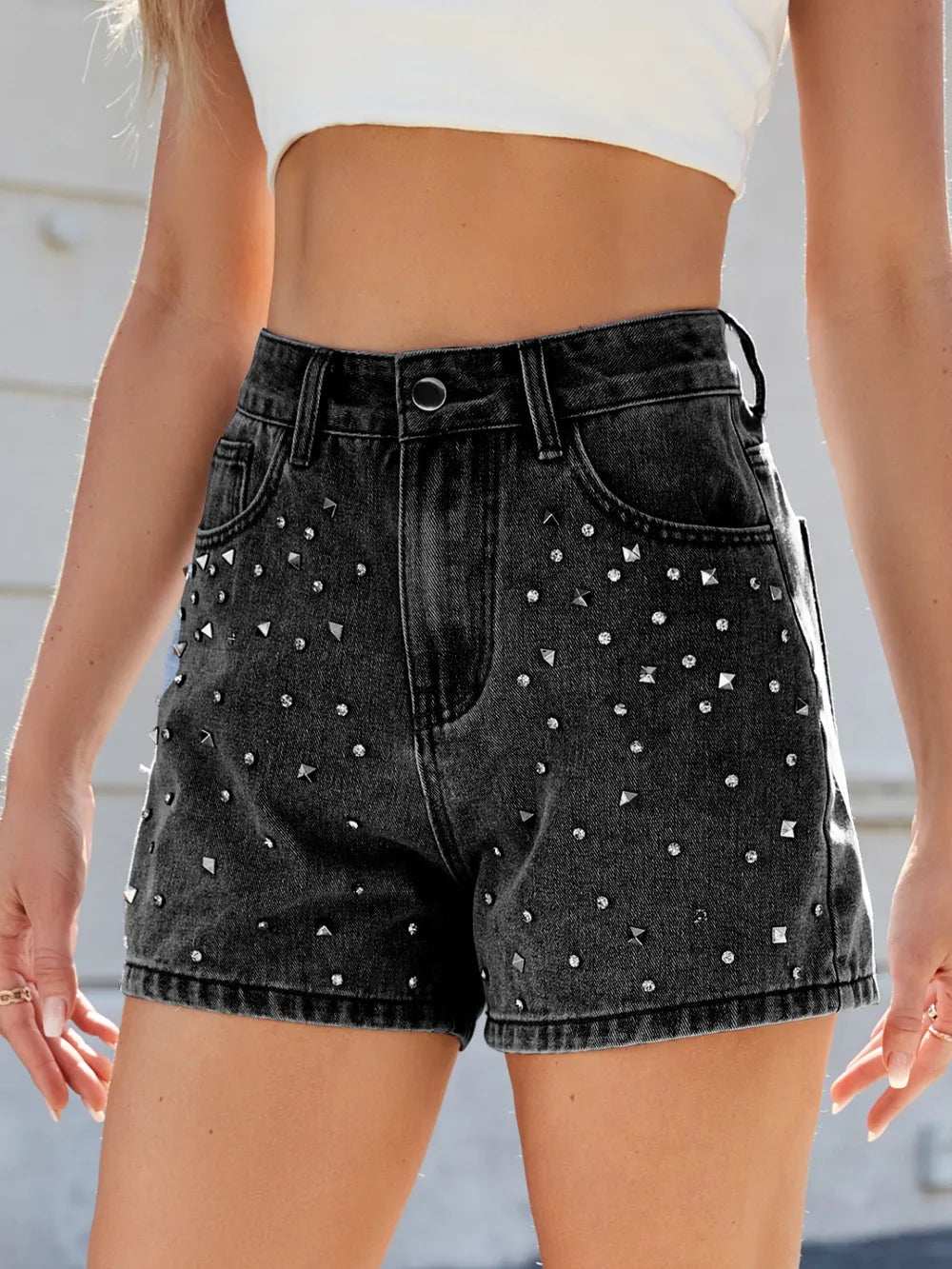 Rhinestone Washed High Waist Denim Shorts - Trendsi - Flyclothing LLC