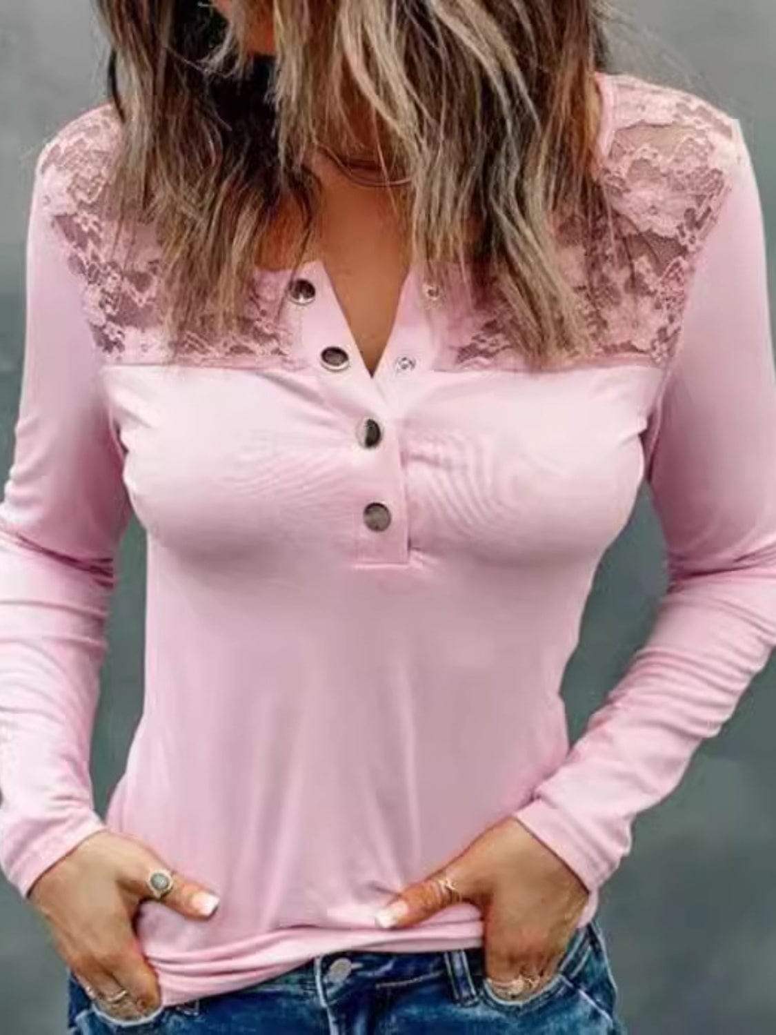 Lace Half Snap Long Sleeve T-Shirt - Trendsi - Flyclothing LLC