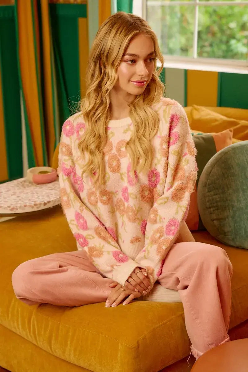 BiBi Towel Texture Floral Pattern Sweater - Trendsi - Flyclothing LLC