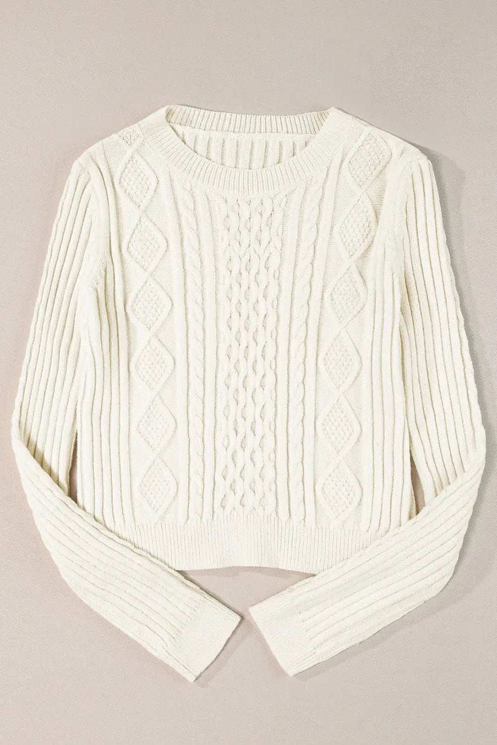 Cable-Knit Round Neck Long Sleeve Sweater - Trendsi - Flyclothing LLC