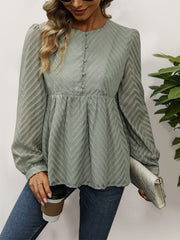 Peplum Round Neck Long Sleeve Blouse - Trendsi
