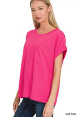 Zenana Cuffed Front Pocket Short Sleeve Tee - Trendsi - Flyclothing LLC
