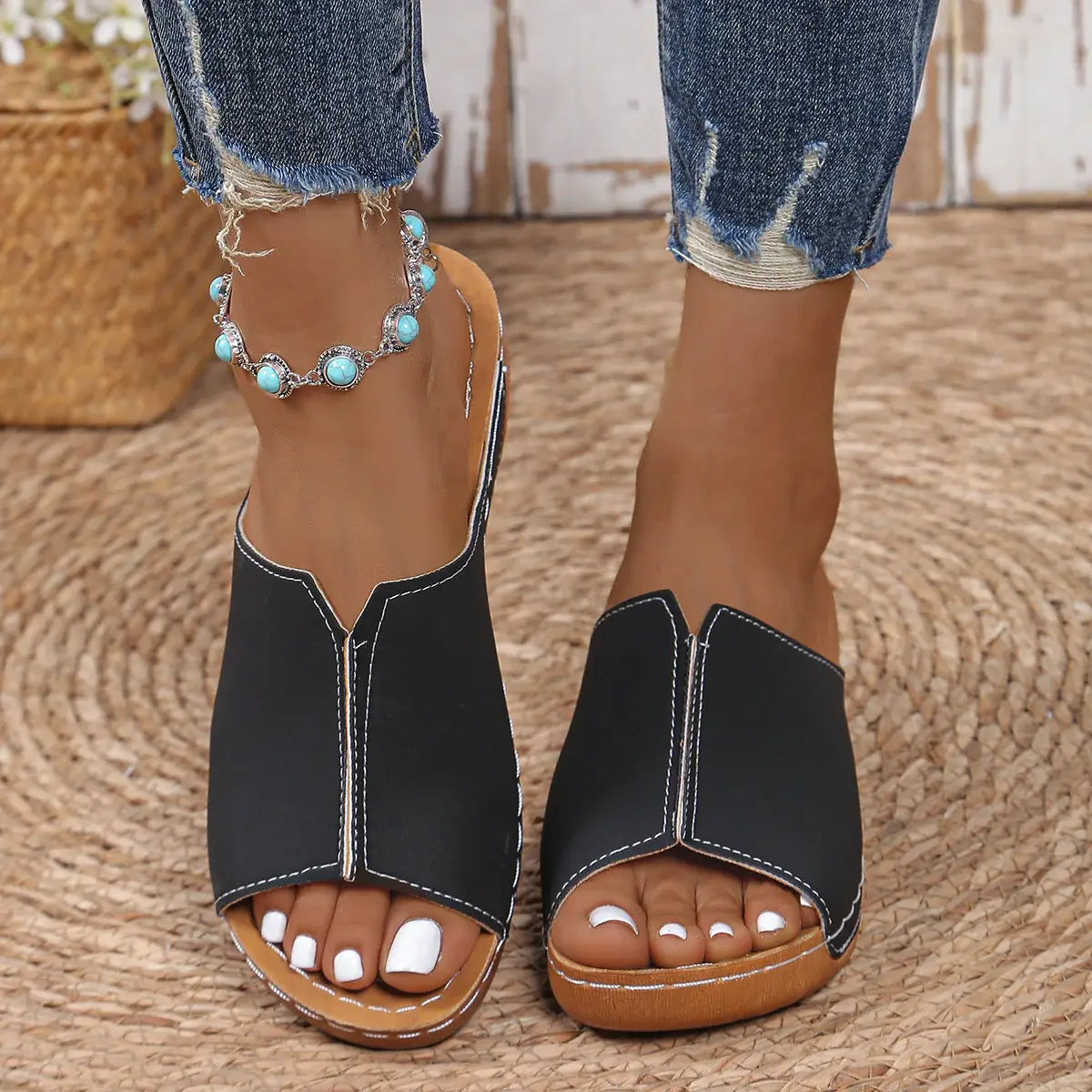 Open Toe Wedge Sandals - Trendsi - Flyclothing LLC