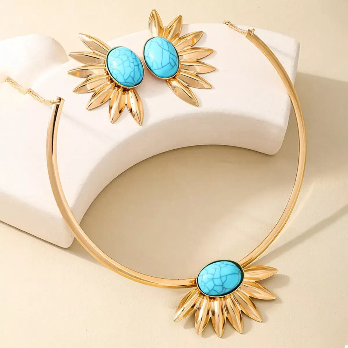 Turquoise Sunflower Necklace and Earrings Jewelry Set - Trendsi - Flyclothing LLC