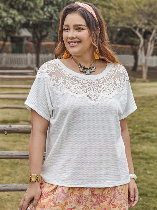 Plus Size Lace Detail Round Neck Short Sleeve Top - Trendsi - Flyclothing LLC