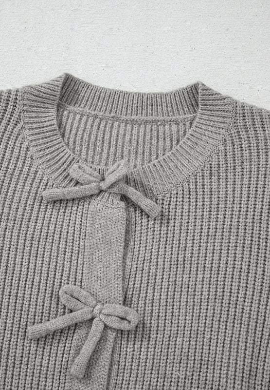 Bow Round Neck Long Sleeve Cardigan - Trendsi - Flyclothing LLC