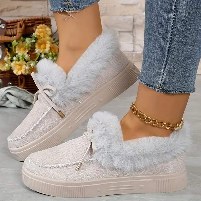 Bow Furry Round Toe Flat Slip-Ons - Trendsi - Flyclothing LLC