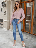 Lace Detail Eyelet V-Neck Flounce Sleeve Blouse - Trendsi