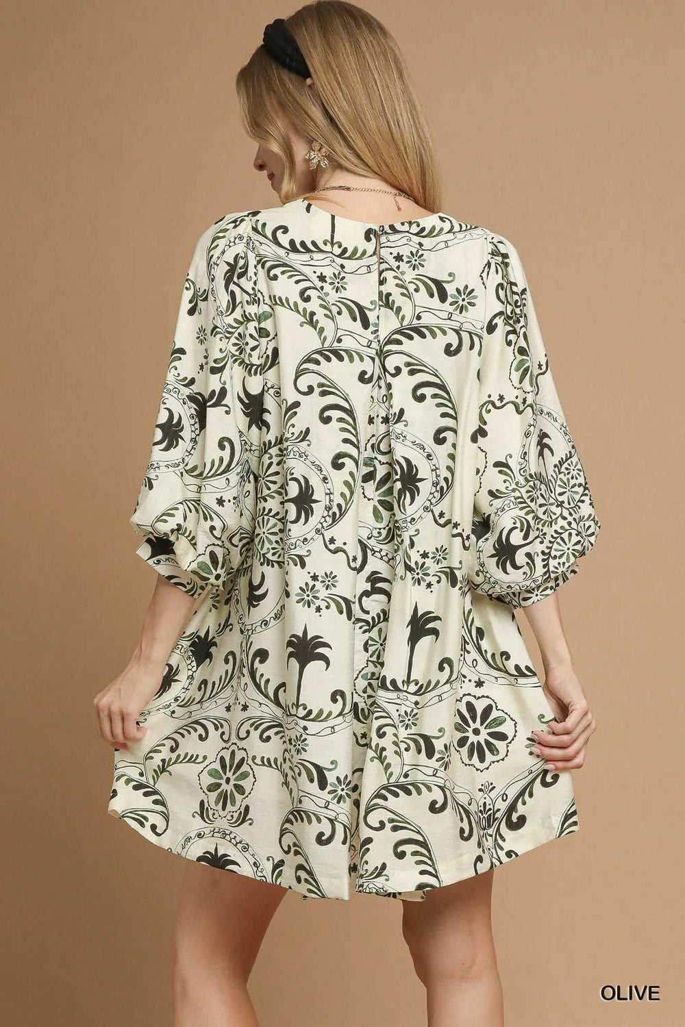 Umgee Boho Printed Balloon Sleeve Mini Dress - Trendsi - Flyclothing LLC