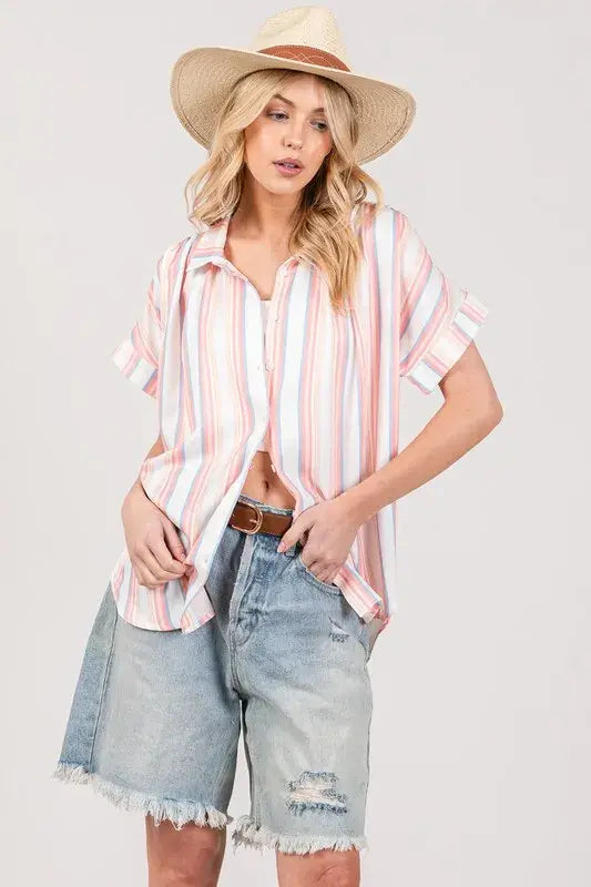 SAGE+FIG Full Size Multi Stripe Button Down Short Sleeve Shirt Plus Size - Trendsi - Flyclothing LLC