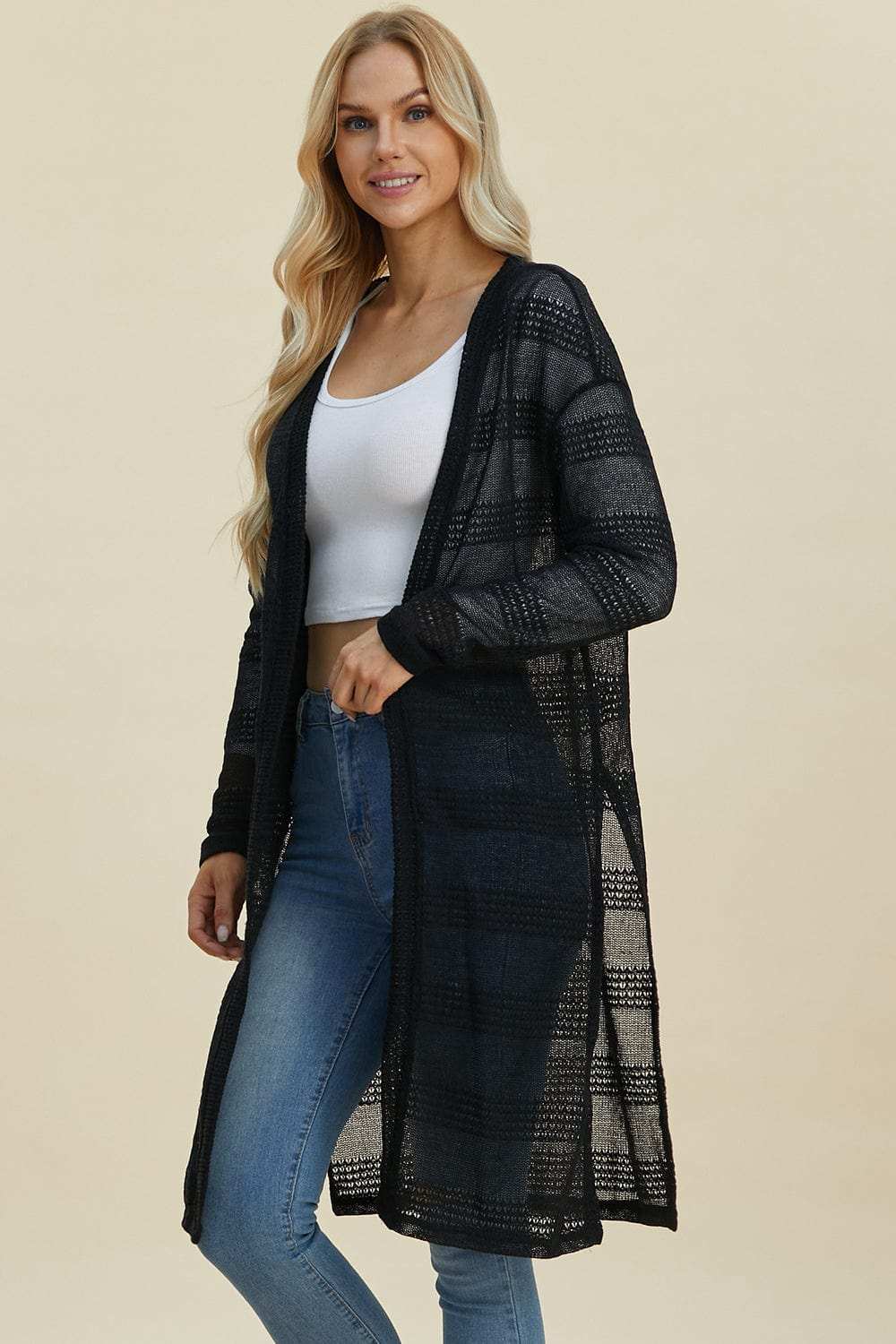 Double Take Full Size Open Front Longline Cardigan - Trendsi - Flyclothing LLC